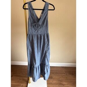 American Eagle Midi Dress Chambray Lace Trim Smocked Back L Milkmaid Coquette